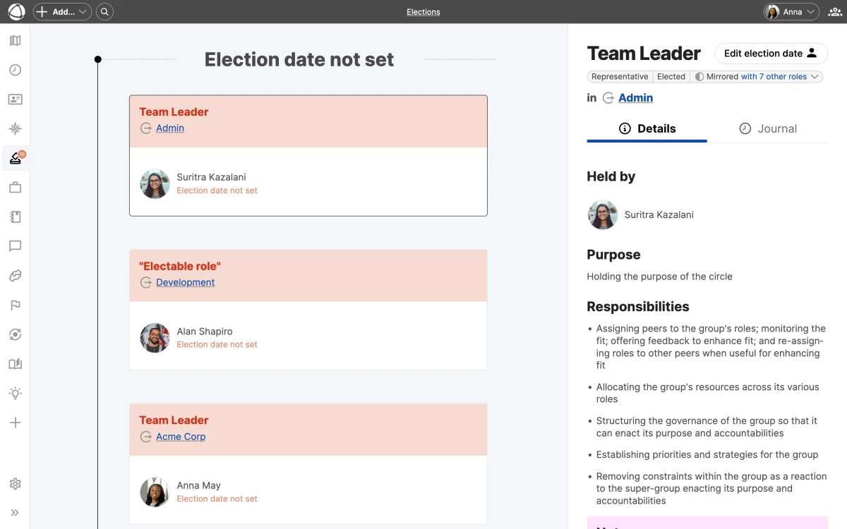 Electable roles are listed with their holders and term status. Click any role to see its details. The Elections timeline showing electable roles grouped by urgency, with a role detail panel on the right.