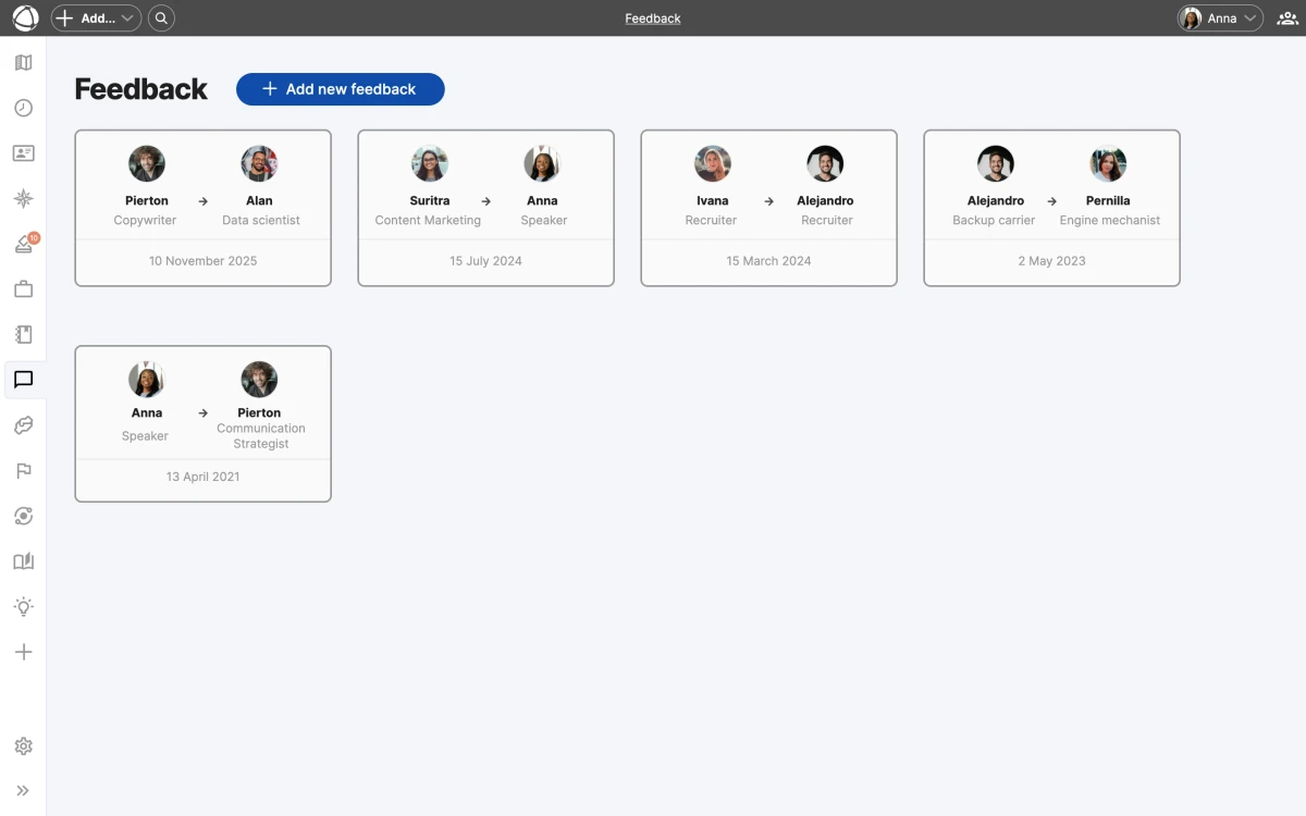The Feedback dashboard showing cards for feedback exchanged between roles, with sender and receiver avatars connected by an arrow.