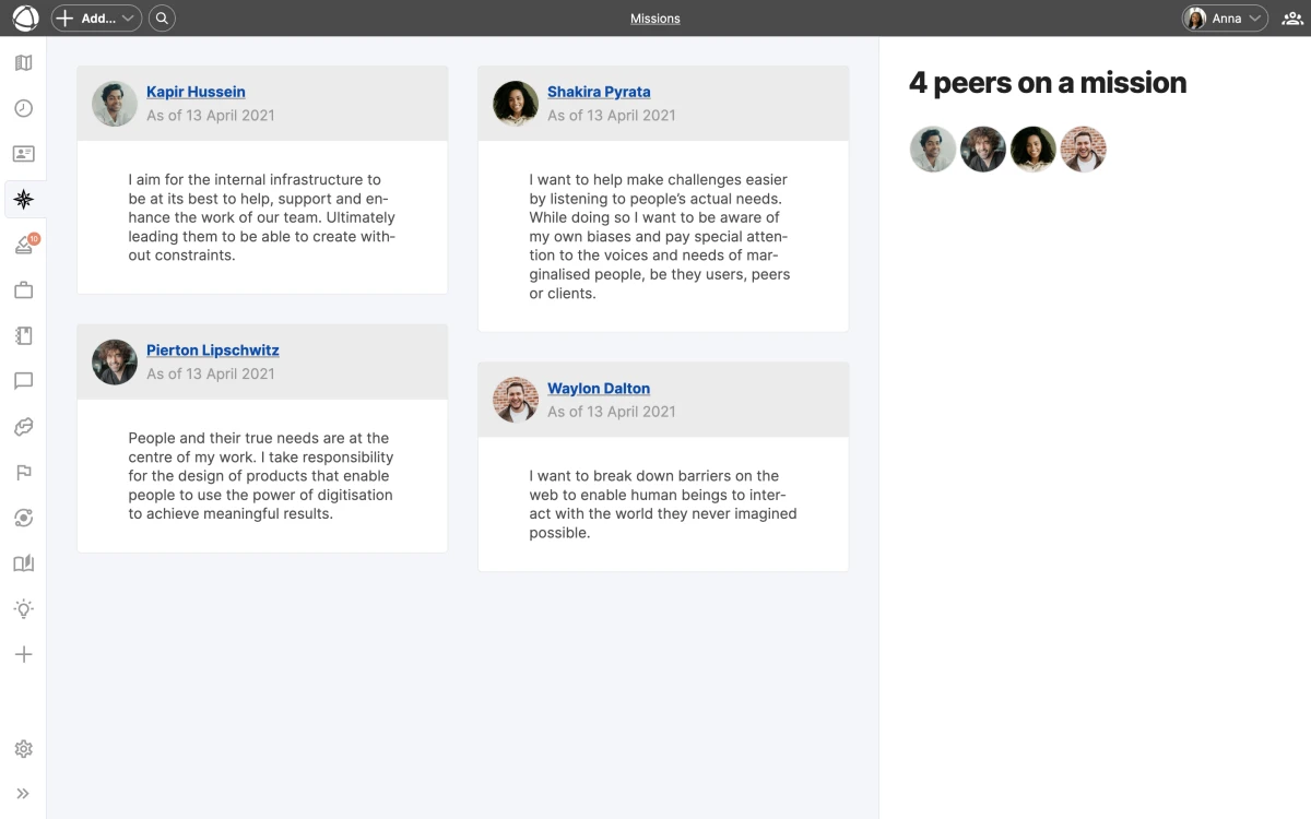Each peer's mission is displayed as a card with their name, photo, and personal statement. The Missions grid showing personal mission statements from four peers, with an avatar sidebar for navigation.