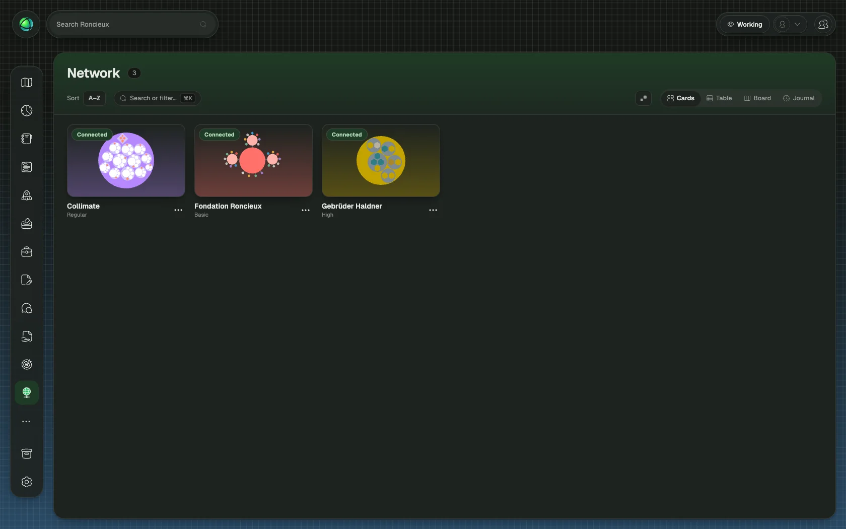 Connected organizations appear as cards with their map preview and connection status.