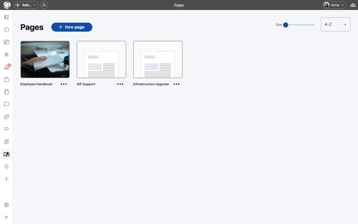 The Pages app showing a card grid with thumbnail previews of documentation pages, a size slider, and sorting controls.