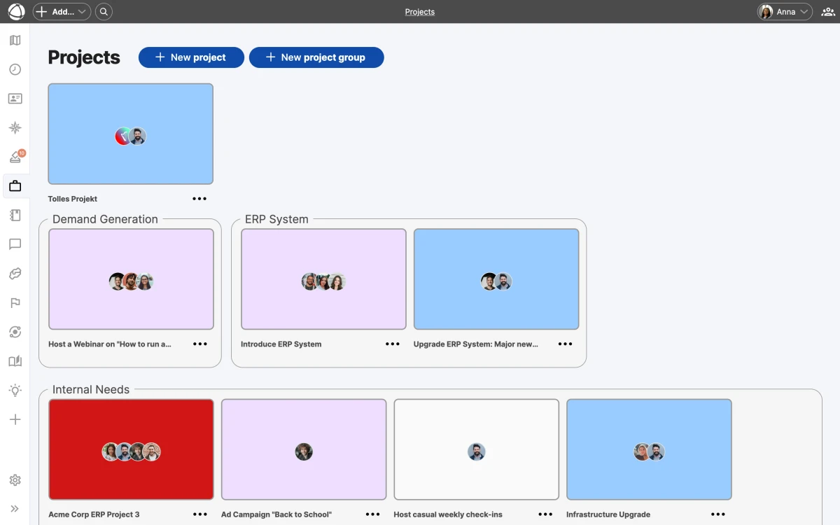 The Projects app showing colored project cards organized into groups like Demand Generation, ERP System, and Internal Needs.