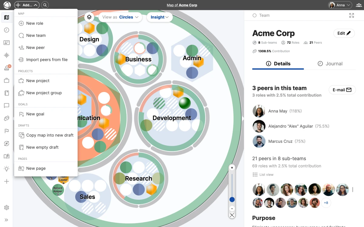 The Add dropdown menu showing options to create a new role, team, peer, project, goal, and more.