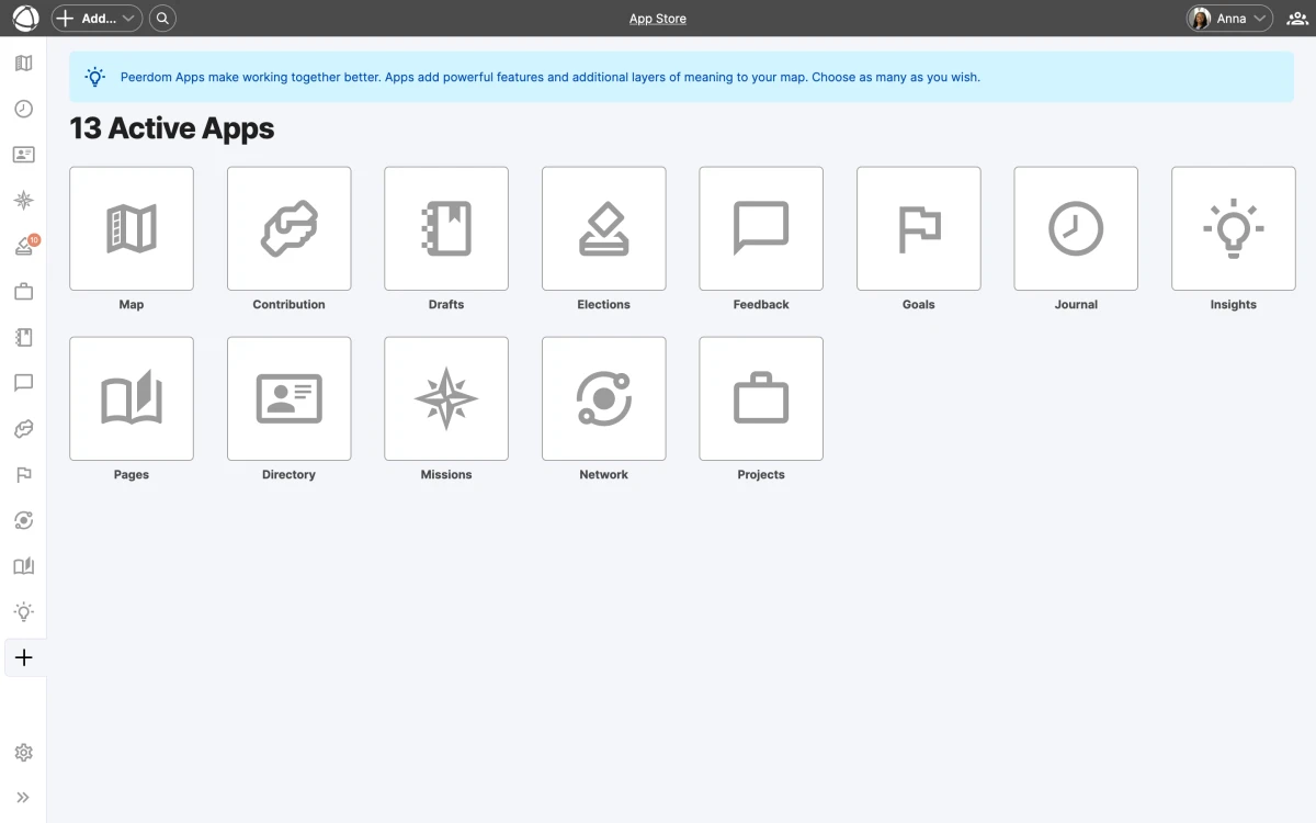 The App Store showing installed apps including Journal, Insights, Feedback, Elections, Goals, Projects, Pages, and more.