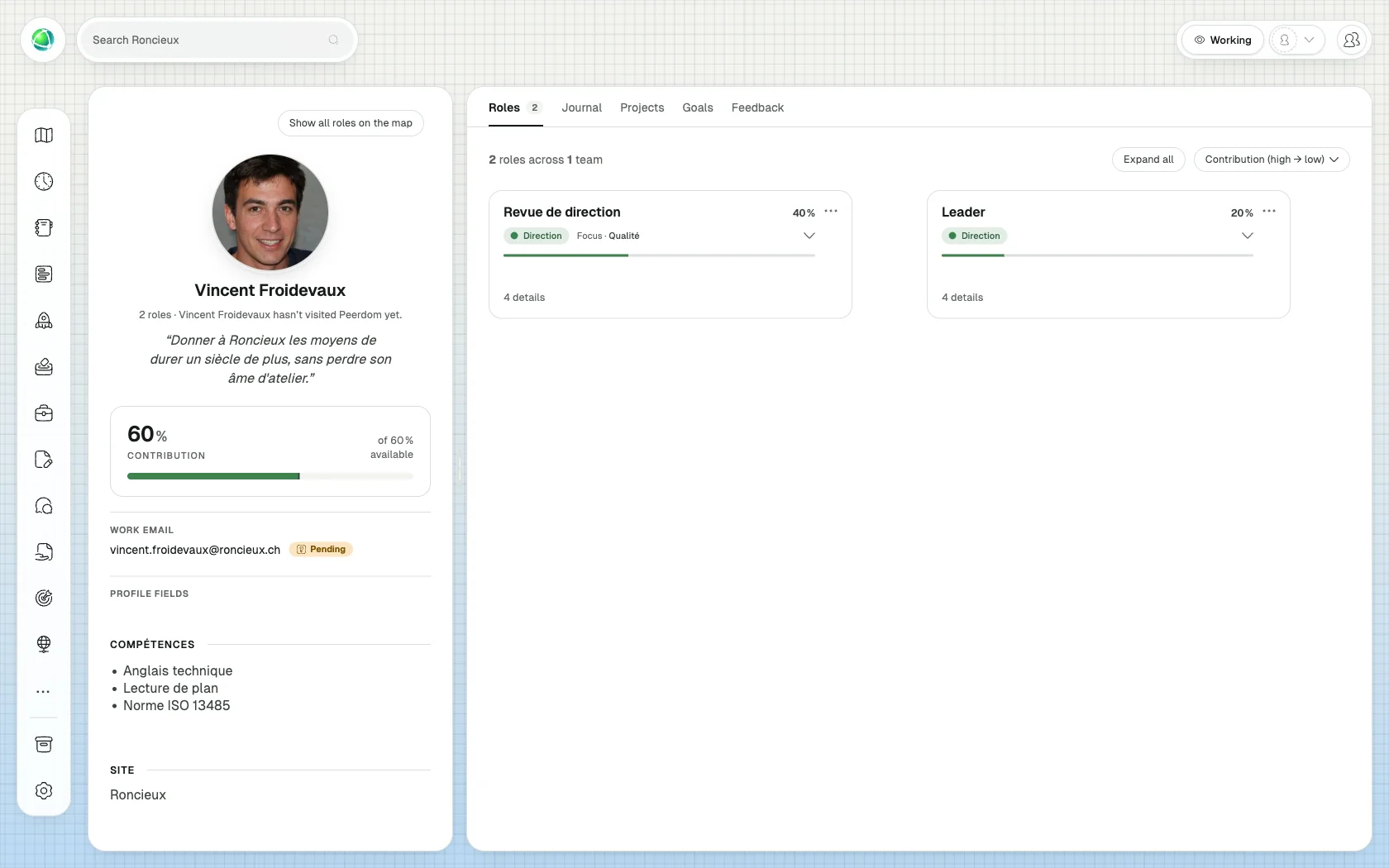 Your profile is edited where you read it: name, photo, quote and custom fields. A person's profile in Peerdom 5, with photo, mission, custom fields and role cards.