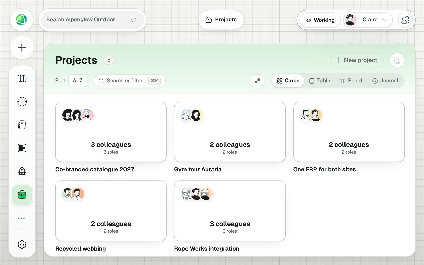 In Werken meld je voortgang en werk je waarden bij; schakel over naar Bewerken om de structuur te wijzigen. De app Projecten in de modus Werken: de schakelaar bovenaan toont Werken, en Nieuw project is grijs omdat de structuur niet gewijzigd kan worden.