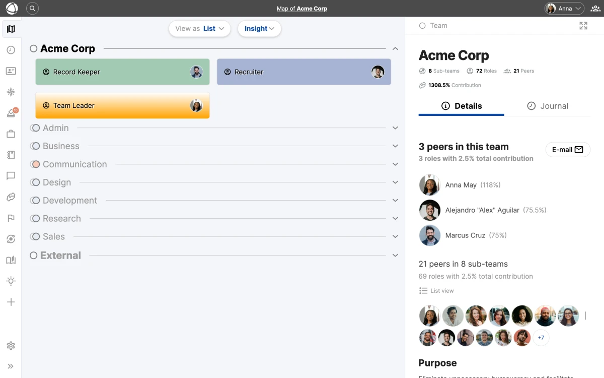 List View presents your entire structure as a scannable, searchable list. The Peerdom List View showing a flat, searchable list of all circles and roles in the organization.