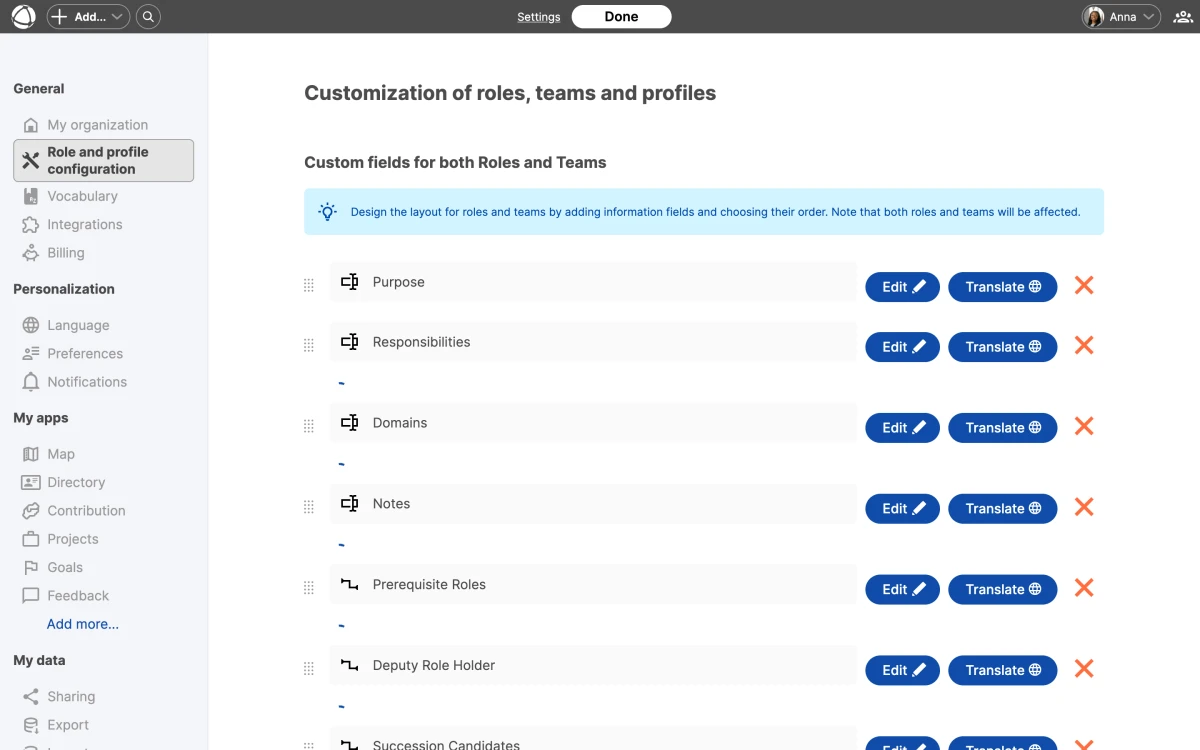 The Role and profile configuration page listing custom fields like Purpose, Responsibilities, Domains, Notes, Prerequisite Roles, Deputy Role Holder, and Succession Candidates.