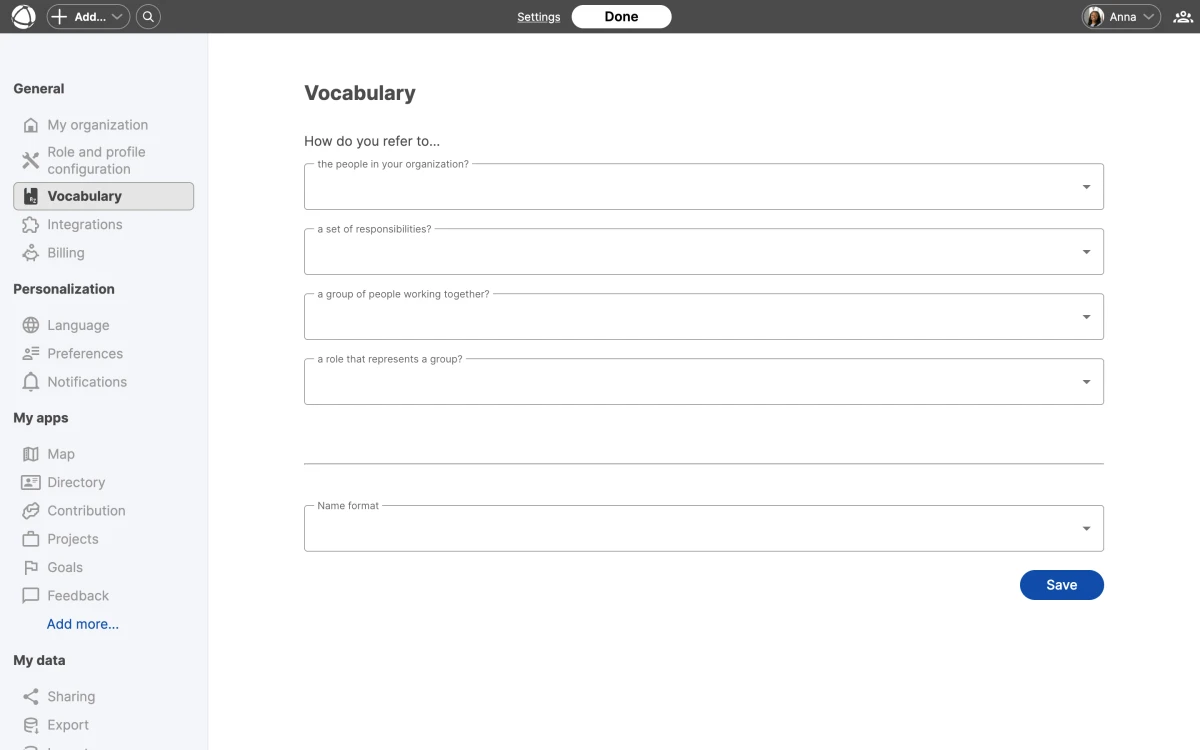 The Vocabulary settings page showing dropdown menus to customize terms for peers, groups, roles, representatives, goals, and subgoals.
