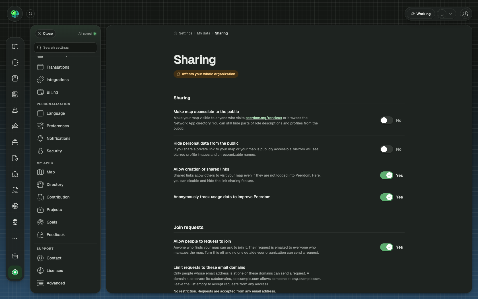 Each sharing method can be enabled or disabled independently. Anonymization blurs names and avatars on public views.