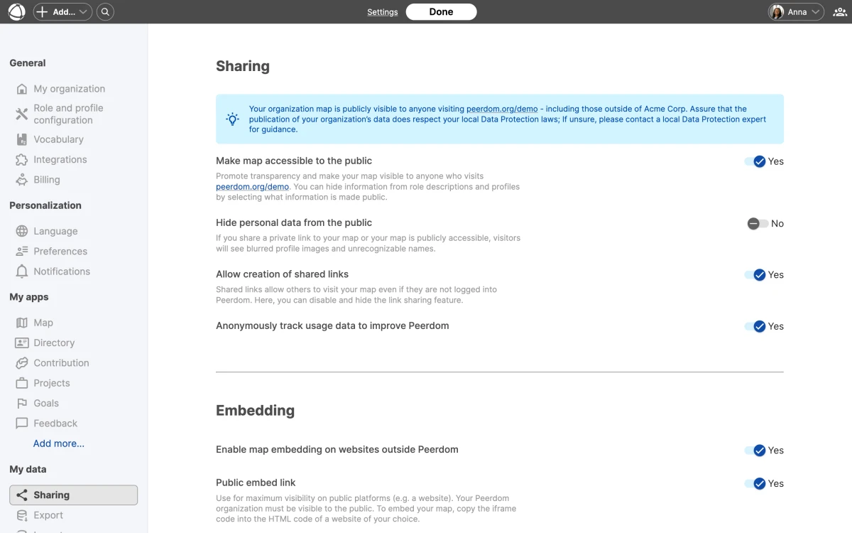 The Sharing settings page showing toggles for public map visibility, anonymization, shared links, and embedding options.