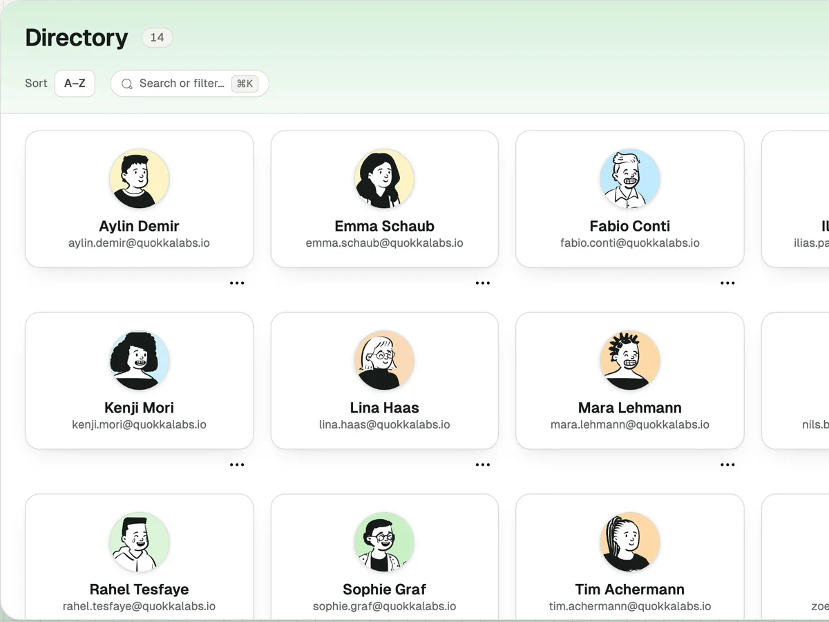 Peerdom-gids van Quokka Labs met alle collega's en hun contactgegevens